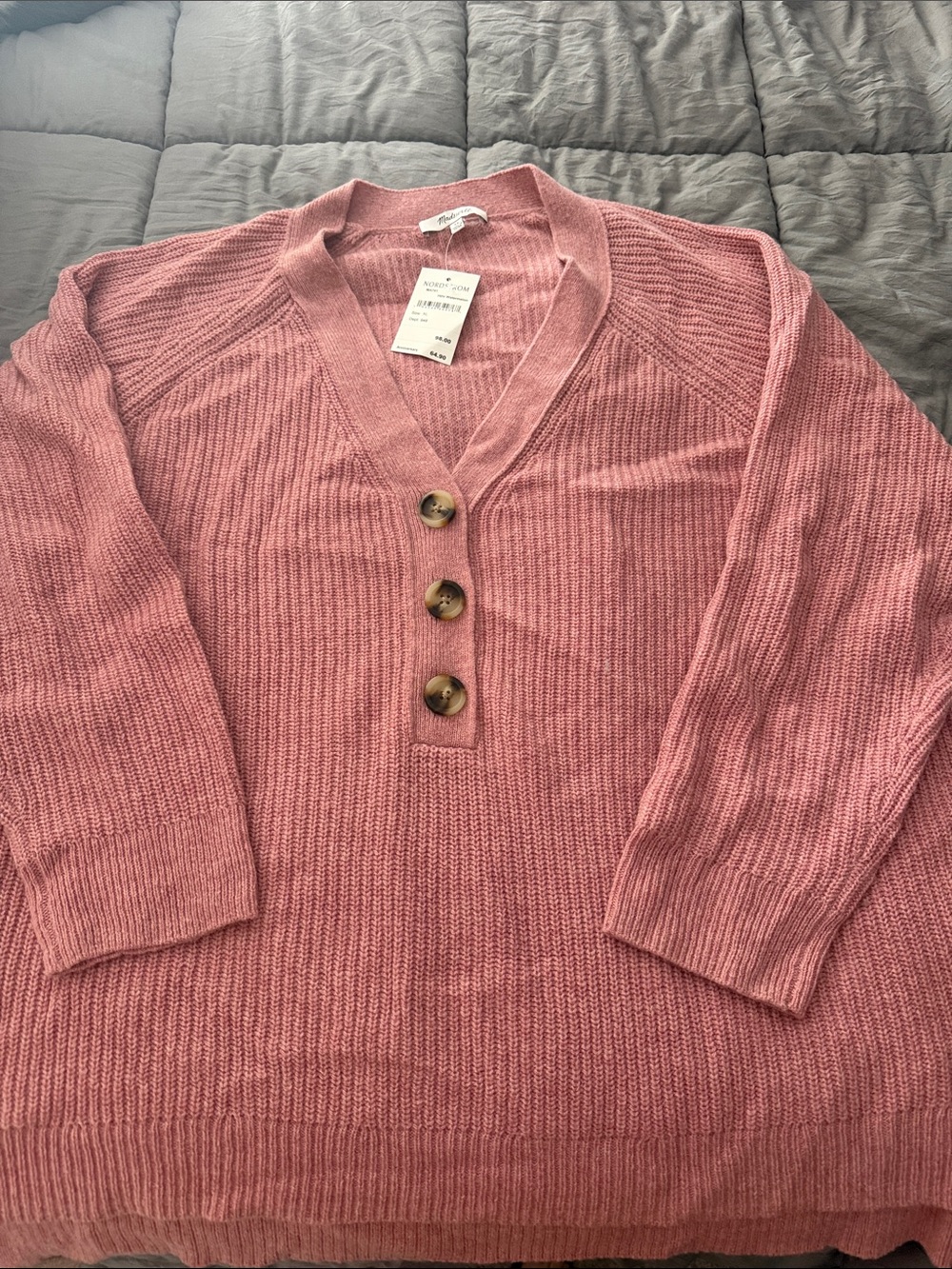 Madewell Dusty Rose Ribbed V-Neck Button Sweater